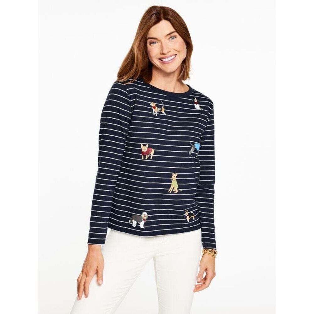 NEW Talbots Petite Crewneck Tee Jovial   Dogs Sz L Navy White Stripe